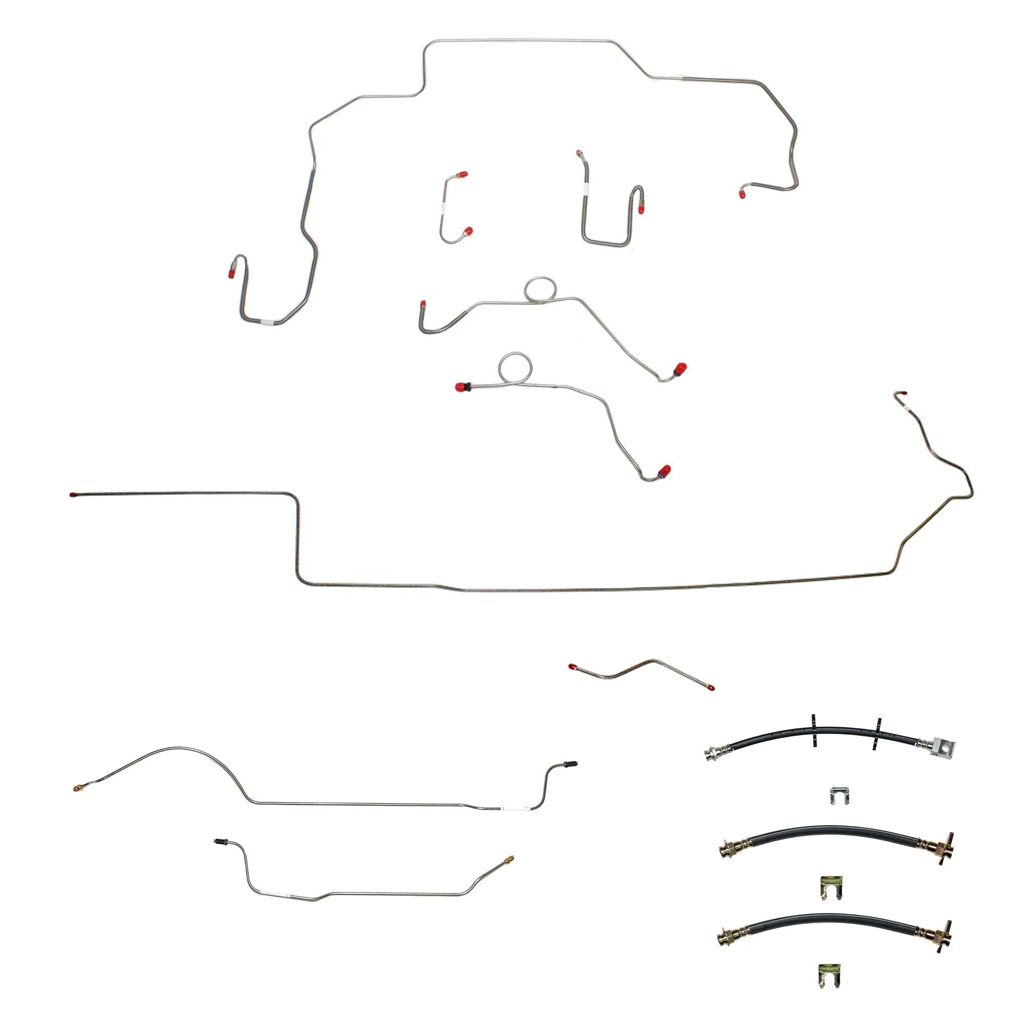 68-69 Mopar B-Body, Non-Hemi, Power Disc Brakes, Left Ported Master Cylinder, Right Front to Fender then Rises 4.5'' Above Bell housing then routes UNDER Frame Rail, 8 3/4 Axle; Complete Brake Line and Hose Kit