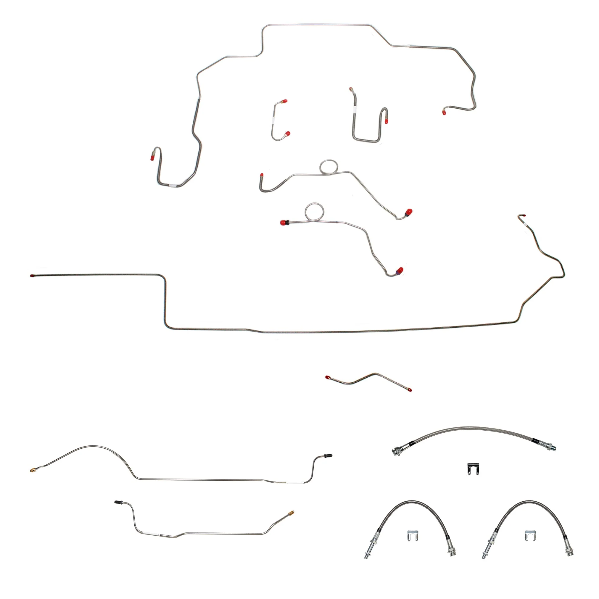 70 Mopar B-Body, Non-Hemi, Power Disc Brakes, Left Ported Master Cylinder, Right Front to Fender then Rises 4.5'' Above Bell housing then routes UNDER Frame Rail, 8 3/4 Axle; Complete Brake and Hose Kit