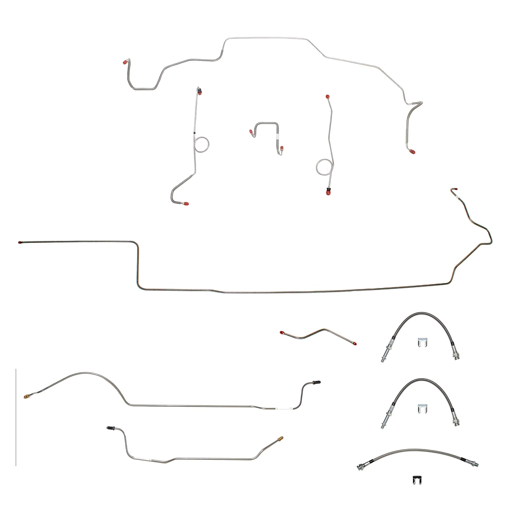 70 Mopar B-Body, Power Disc Brakes, Left Ported Master Cylinder, Right Front to Fender then Rises 4.5'' Above Bell housing then routes UNDER Frame Rail, 8 3/4 Axle; Complete Brake Line and Hose Kit