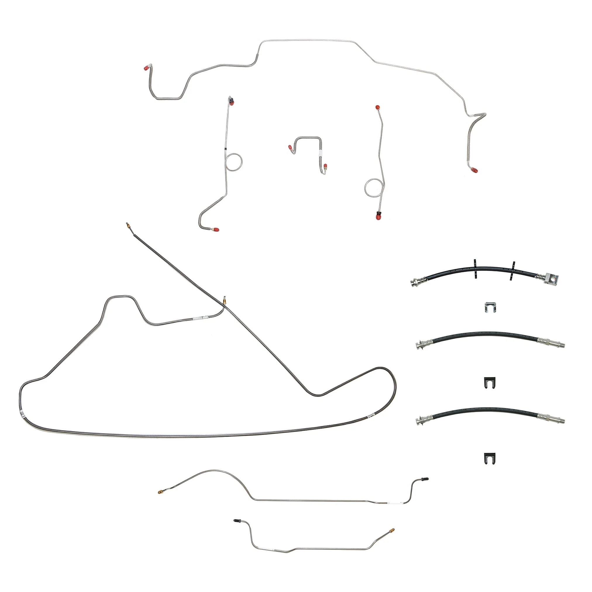 68-69 Mopar B-Body, Power Drum Brakes, Right Front to Fender then Rises 4.5'' Above Bell housing then routes UNDER Frame Rail, 8 3/4 Axle; Complete Brake Line and Hose Kit