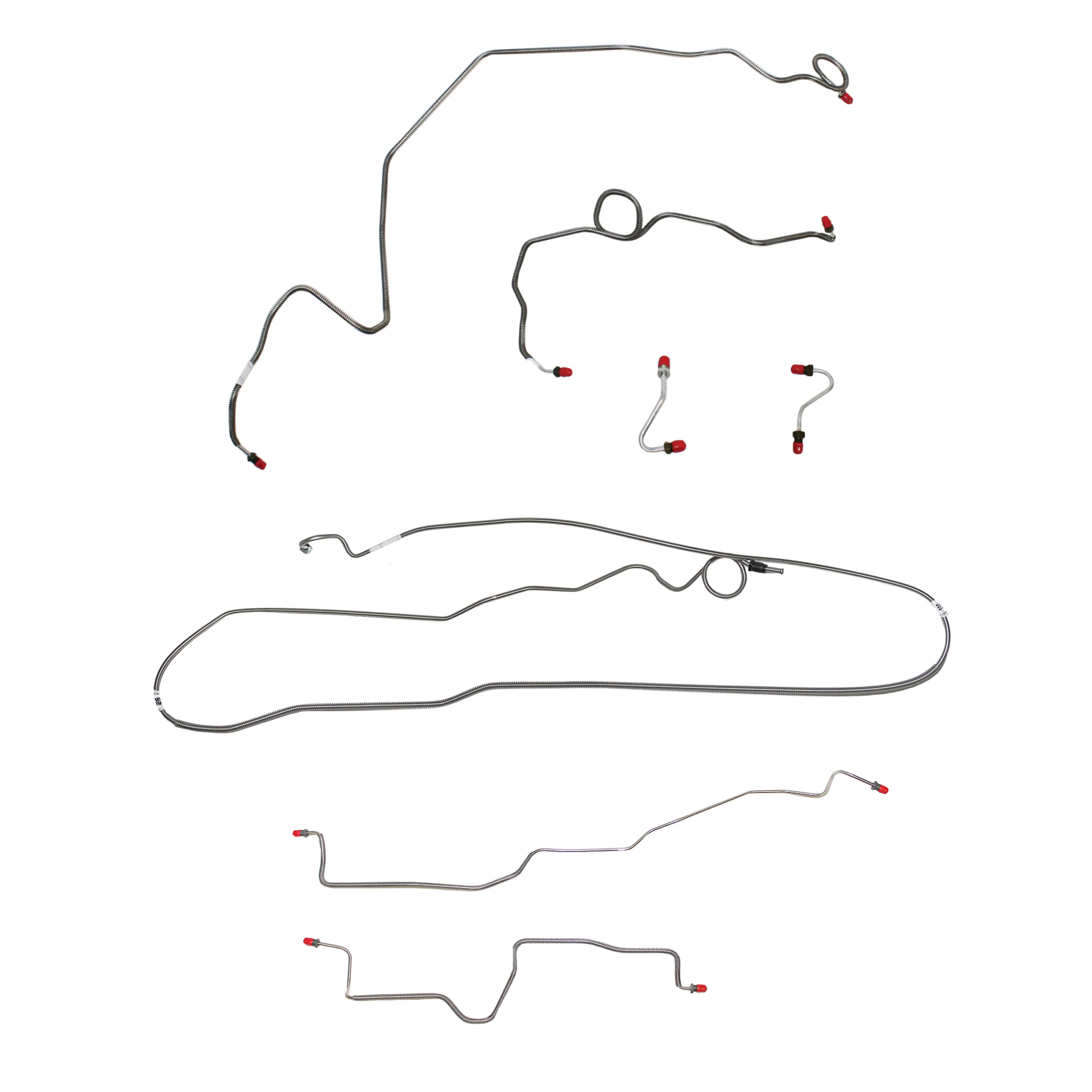CBK0520SS - 1989-92 Pontiac Firebird, w/ Rear Drum, 5.0L 8 cyl or 5.7L 8 cyl, Line Enters Bottom of Valve, Coarse Threads on Master, non Borg-Warner HD Axle; Complete Brake Line Kit; Stainless