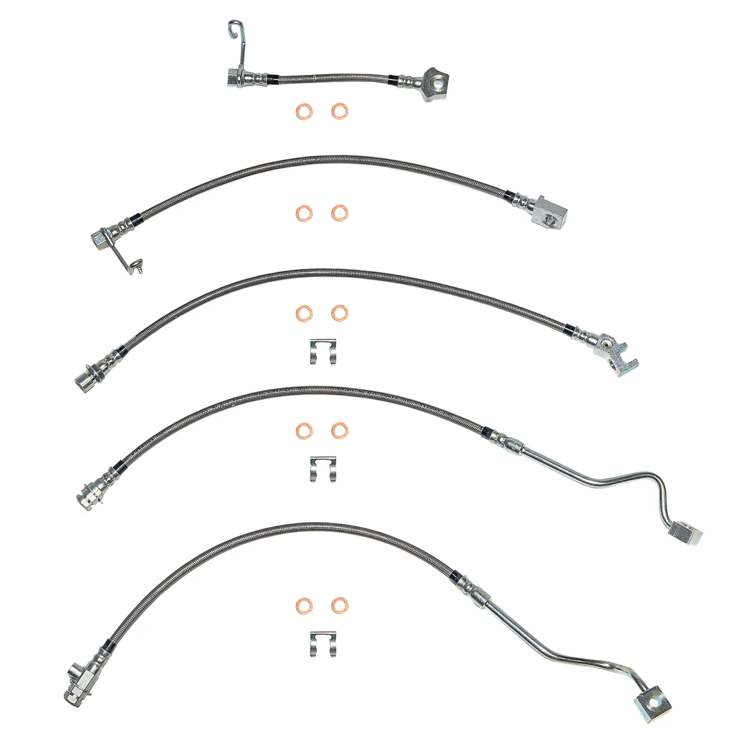 HSK0023SS - 99-01 Ford F-250/F-350 Superduty 4wd RWABS, Non-Staggered Rear Calipers, Brake Hose Kit; Braided Stainless